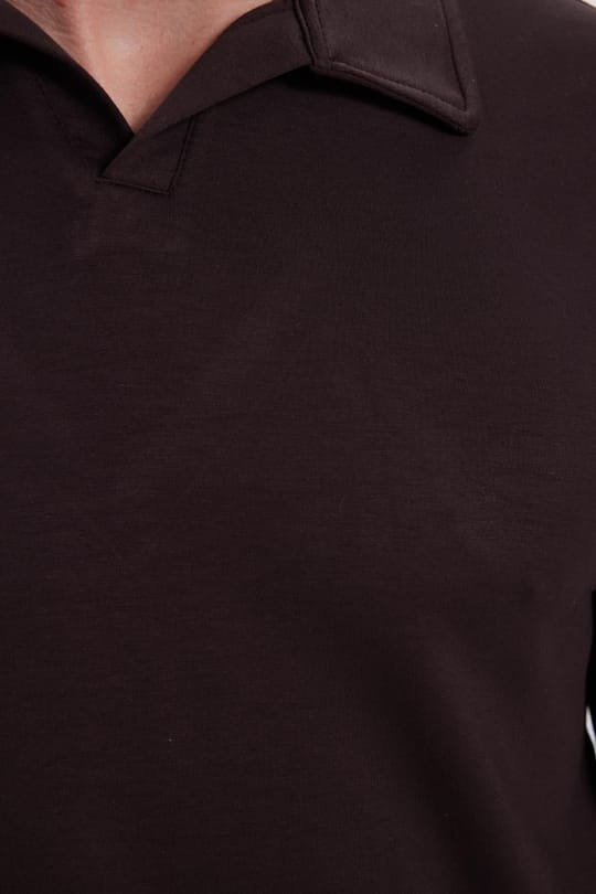 Erkek Relax Fit Rahat Kesim Polo V Yaka Kahverengi Sweatshirt