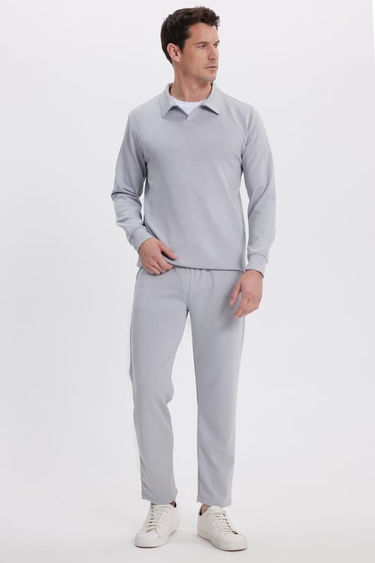 Erkek Relax Fit Rahat Kesim Polo V Yaka Gri Sweatshirt