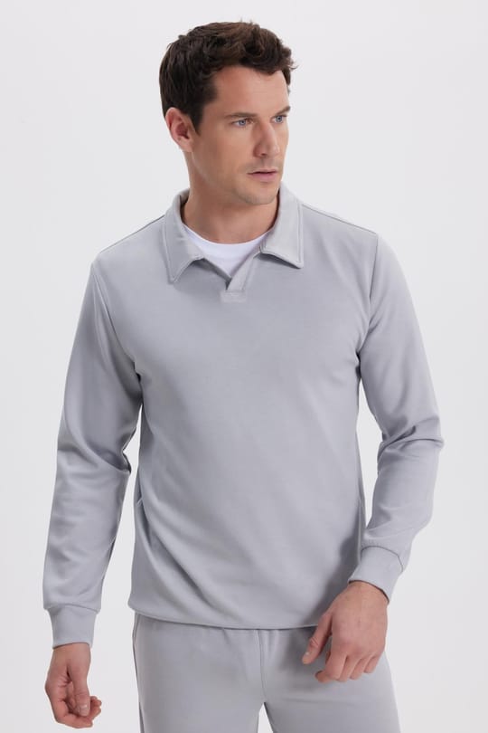 Erkek Relax Fit Rahat Kesim Polo V Yaka Gri Sweatshirt