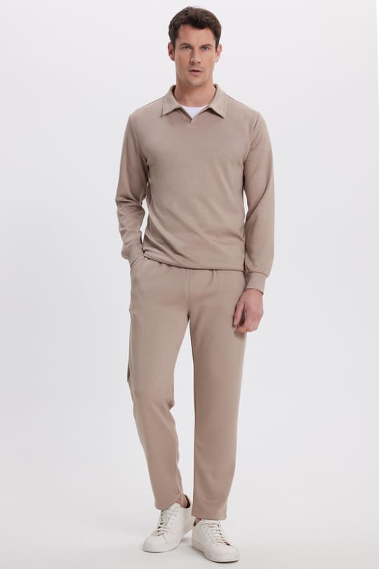 Erkek Relax Fit Rahat Kesim Polo V Yaka Vizon Sweatshirt