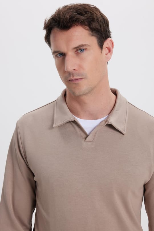 Erkek Relax Fit Rahat Kesim Polo V Yaka Vizon Sweatshirt