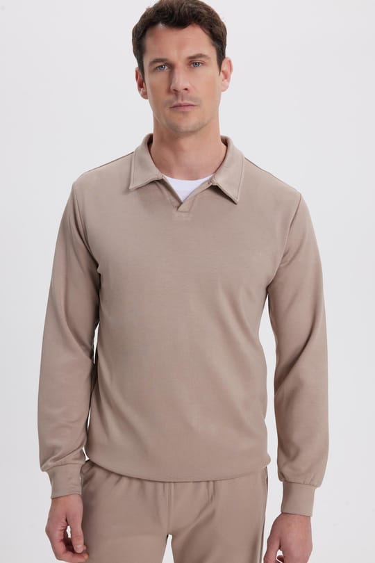 Erkek Relax Fit Rahat Kesim Polo V Yaka Vizon Sweatshirt