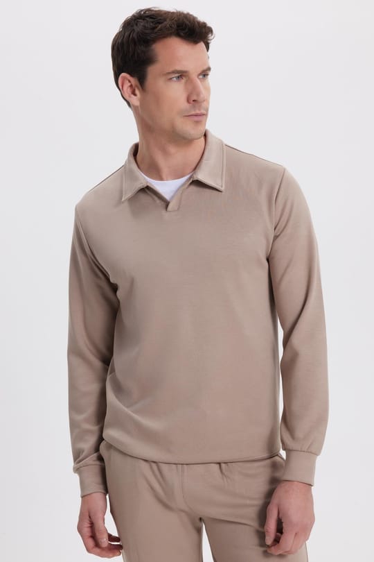 Erkek Relax Fit Rahat Kesim Polo V Yaka Vizon Sweatshirt