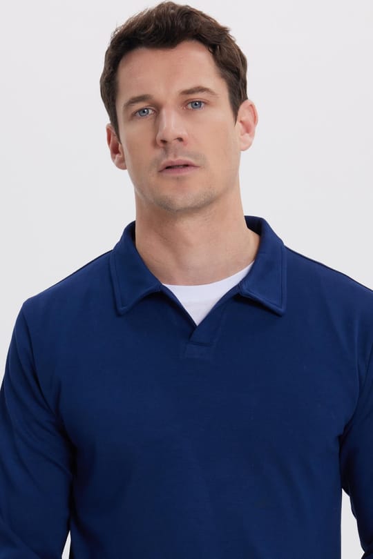 Erkek Relax Fit Rahat Kesim Polo V Yaka Açık Lacivert Sweatshirt
