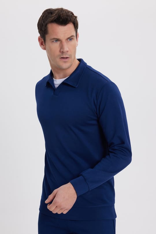 Erkek Relax Fit Rahat Kesim Polo V Yaka Açık Lacivert Sweatshirt