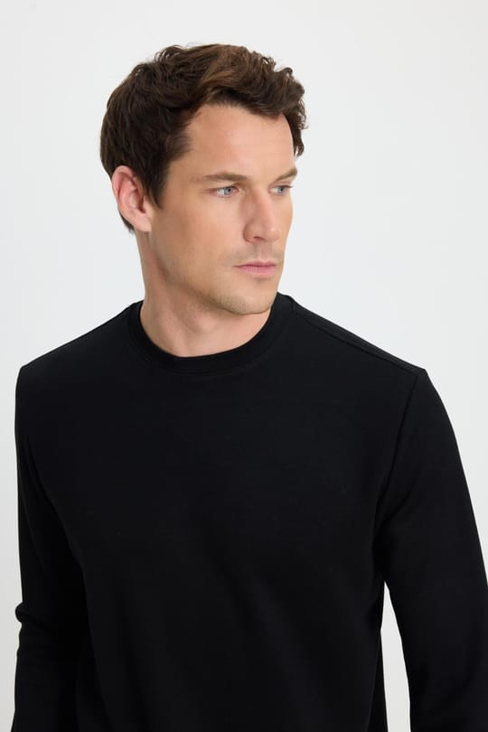 Erkek Standart Fit Normal Kesim Uzun Kollu Ekstra Soft Modal Kumaş Bisiklet Yaka Siyah Sweatshirt