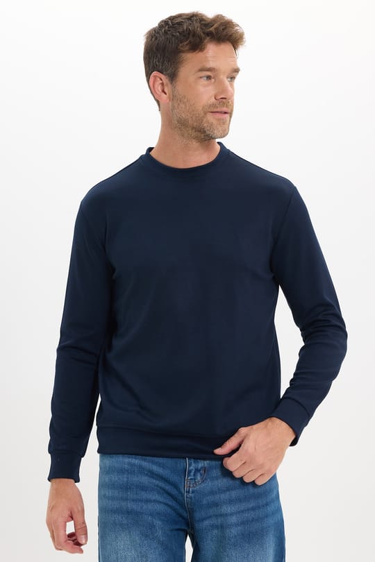 Erkek Standart Fit Normal Kesim Uzun Kollu Ekstra Soft Modal Kumaş Bisiklet Yaka Lacivert Sweatshirt