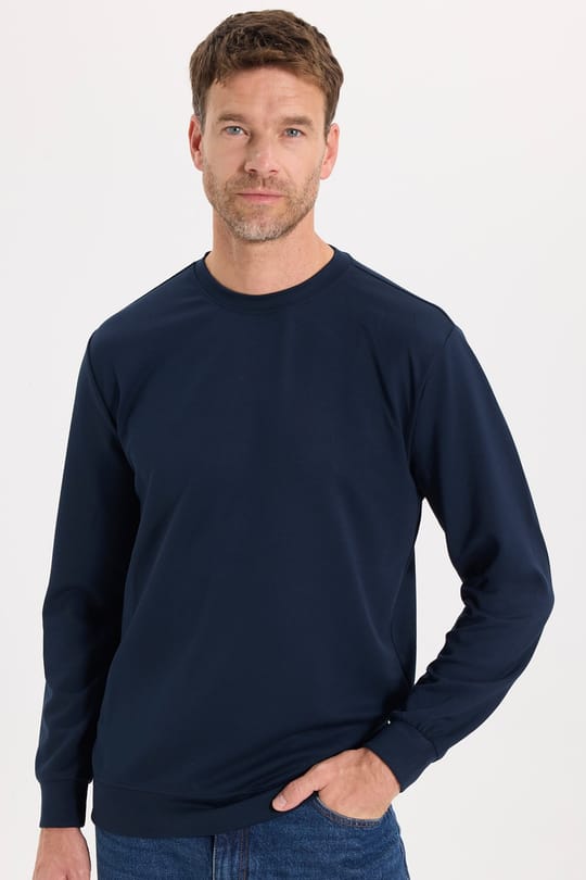Erkek Standart Fit Normal Kesim Uzun Kollu Ekstra Soft Modal Kumaş Bisiklet Yaka Lacivert Sweatshirt