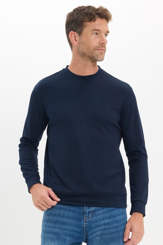 Erkek Standart Fit Normal Kesim Uzun Kollu Ekstra Soft Modal Kumaş Bisiklet Yaka Lacivert Sweatshirt
