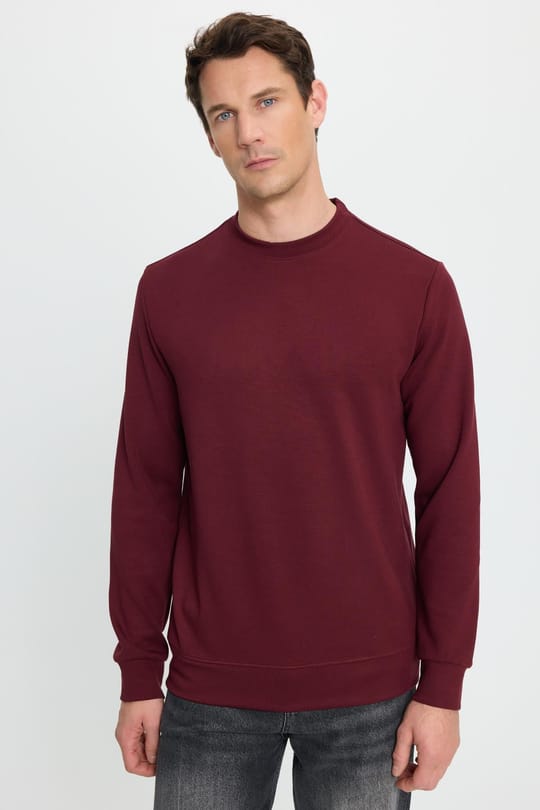 Erkek Standart Fit Normal Kesim Uzun Kollu Ekstra Soft Modal Kumaş Bisiklet Yaka Bordo Sweatshirt