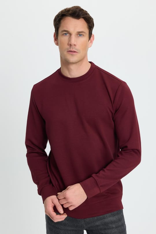Erkek Relax Fit Rahat Kesim Uzun Kollu Bisiklet Yaka Bordo Sweatshirt
