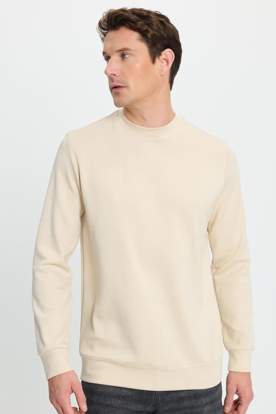 Erkek Relax Fit Rahat Kesim Uzun Kollu Bisiklet Yaka Kemik Rengi Sweatshirt