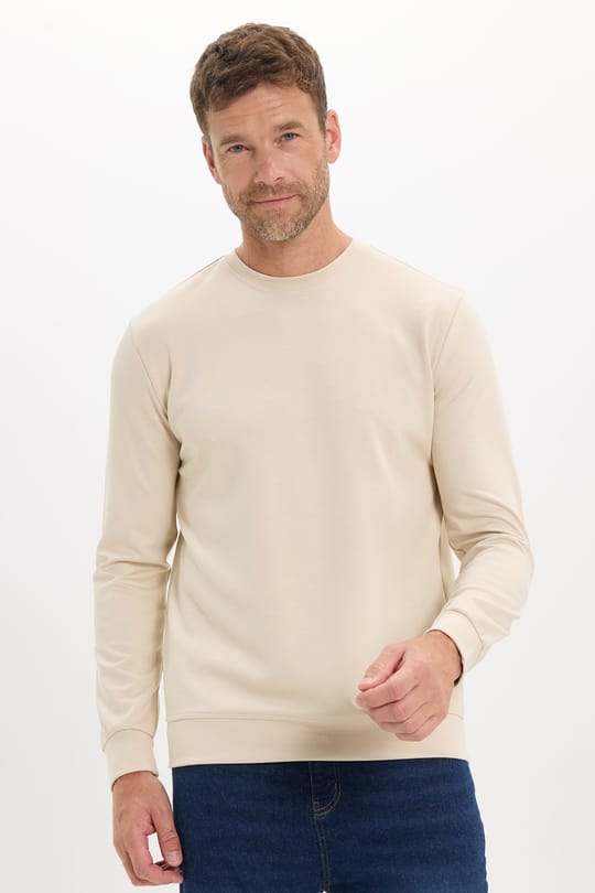 Erkek Standart Fit Normal Kesim Uzun Kollu Ekstra Soft Modal Kumaş Bisiklet Yaka Kemik Rengi Sweatshirt