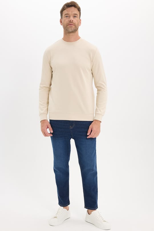 Erkek Standart Fit Normal Kesim Uzun Kollu Ekstra Soft Modal Kumaş Bisiklet Yaka Kemik Rengi Sweatshirt