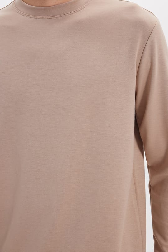 Erkek Standart Fit Normal Kesim Uzun Kollu Ekstra Soft Modal Kumaş Bisiklet Yaka Koyu Vizon Sweatshirt