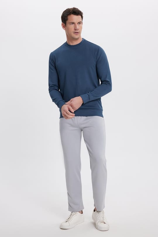 Erkek Standart Fit Normal Kesim Uzun Kollu Ekstra Soft Modal Kumaş Bisiklet Yaka Koyu Petrol Sweatshirt