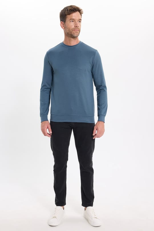 Erkek Standart Fit Normal Kesim Uzun Kollu Ekstra Soft Modal Kumaş Bisiklet Yaka Koyu Petrol Sweatshirt