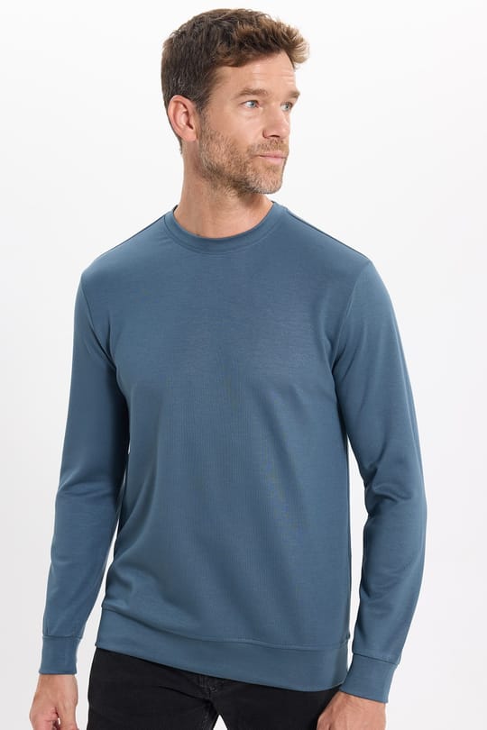 Erkek Standart Fit Normal Kesim Uzun Kollu Ekstra Soft Modal Kumaş Bisiklet Yaka Koyu Petrol Sweatshirt