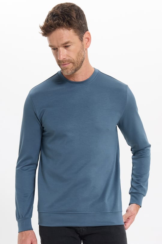 Erkek Standart Fit Normal Kesim Uzun Kollu Ekstra Soft Modal Kumaş Bisiklet Yaka Koyu Petrol Sweatshirt