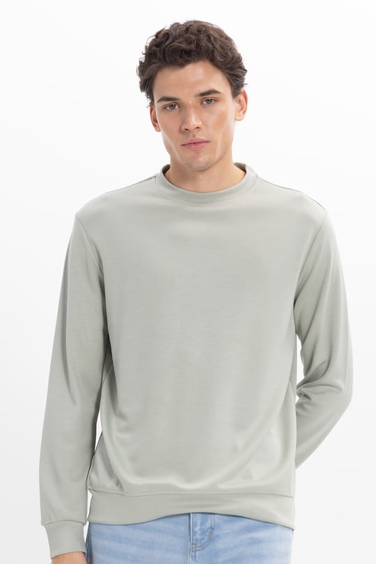 Erkek Standart Fit Normal Kesim Uzun Kollu Ekstra Soft Modal Kumaş Bisiklet Yaka Yeşil Sweatshirt