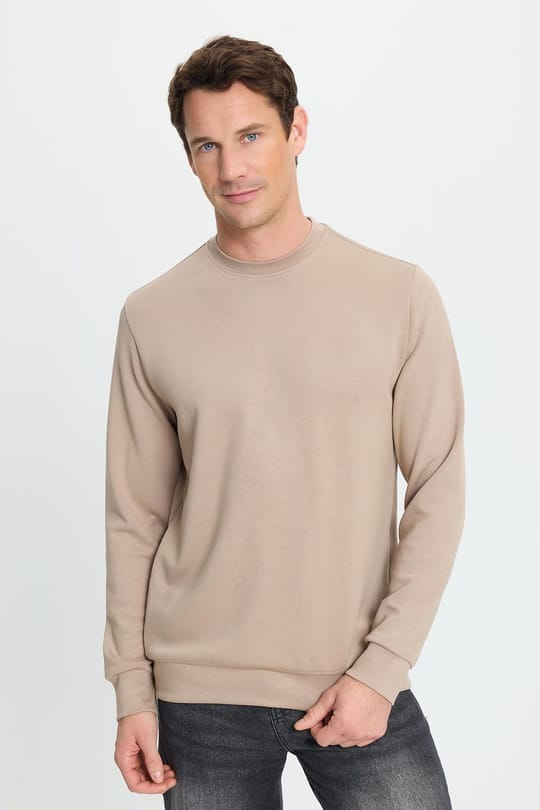 Erkek Standart Fit Normal Kesim Uzun Kollu Ekstra Soft Modal Kumaş Bisiklet Yaka Vizon Sweatshirt
