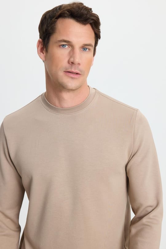 Erkek Standart Fit Normal Kesim Uzun Kollu Ekstra Soft Modal Kumaş Bisiklet Yaka Vizon Sweatshirt