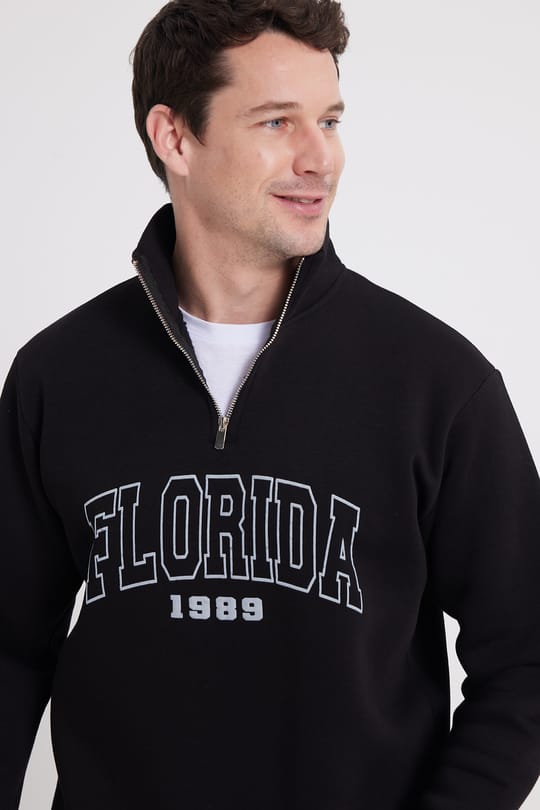 Erkek Relax Fit Rahat Kesim Pamuklu Yarım Fermuarlı Baskılı Siyah Sweatshirt