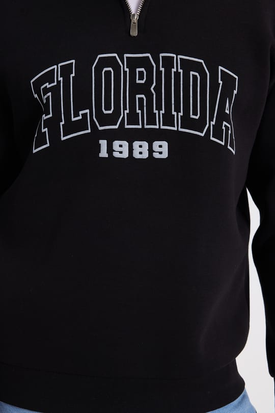 Erkek Relax Fit Rahat Kesim Pamuklu Yarım Fermuarlı Baskılı Siyah Sweatshirt