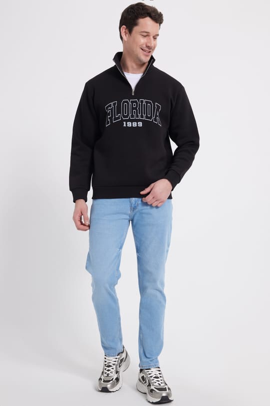 Erkek Relax Fit Rahat Kesim Pamuklu Yarım Fermuarlı Baskılı Siyah Sweatshirt