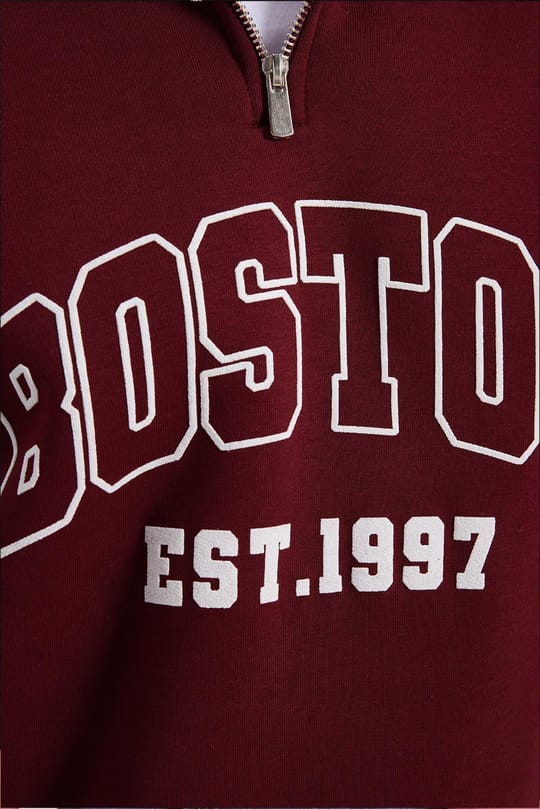 Erkek Relax Fit Rahat Kesim Pamuklu Yarım Fermuarlı Baskılı Bordo Sweatshirt