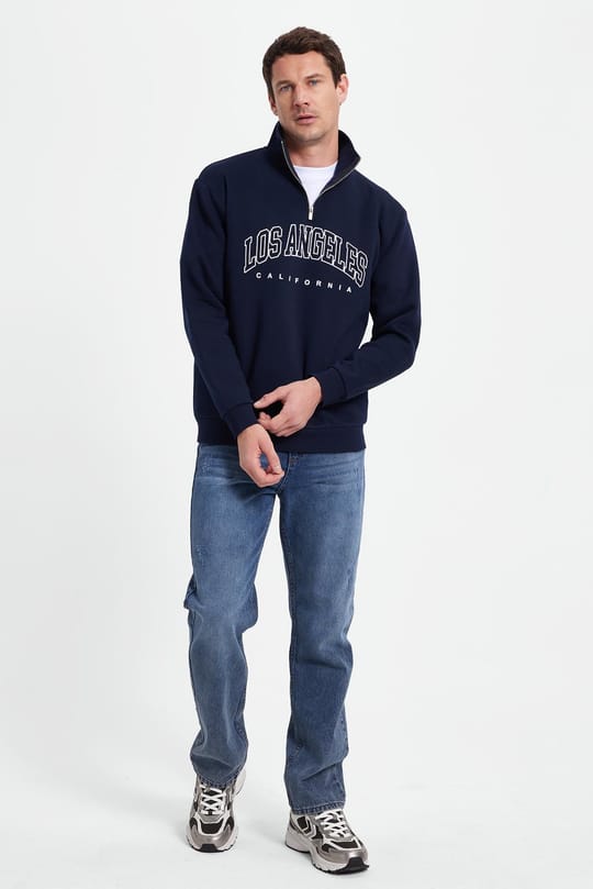 Erkek Relax Fit Rahat Kesim Pamuklu Yarım Fermuarlı Baskılı Lacivert Sweatshirt