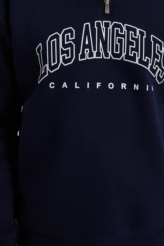 Erkek Relax Fit Rahat Kesim Pamuklu Yarım Fermuarlı Baskılı Lacivert Sweatshirt