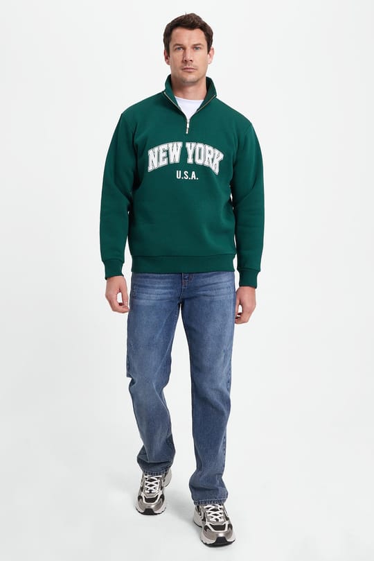 Erkek Relax Fit Rahat Kesim Pamuklu Yarım Fermuarlı Baskılı Haki Sweatshirt