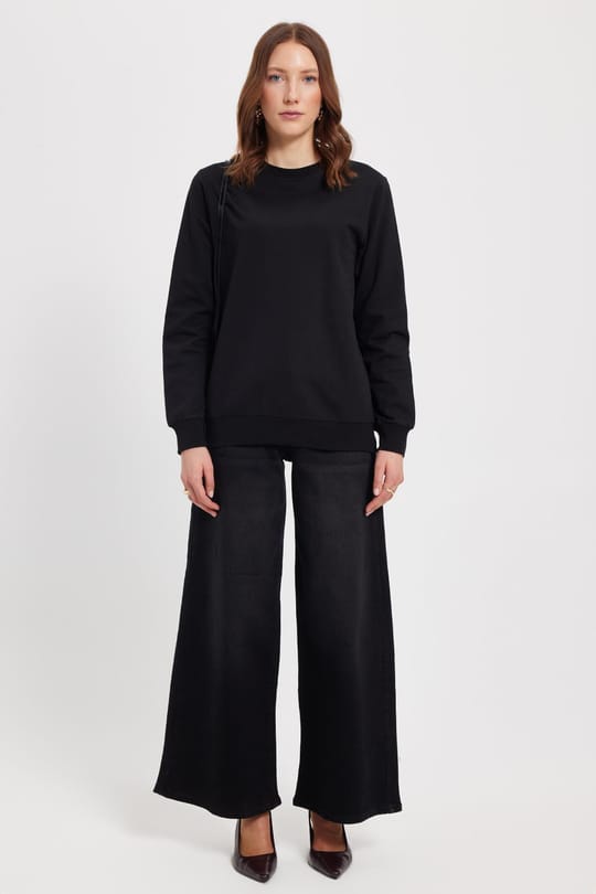 Kadın Oversize Geniş Kesim %100 Pamuk 2 İplik Bisiklet Yaka Siyah Sweatshirt 
