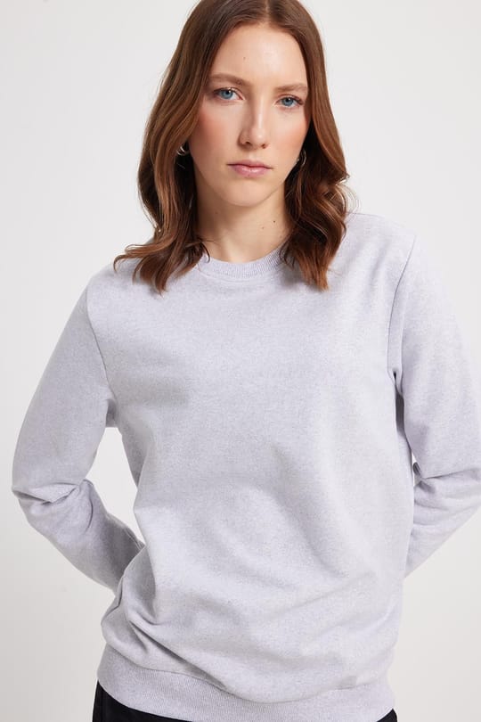 Kadın Oversize Geniş Kesim %100 Pamuk 2 İplik Bisiklet Yaka Gri Sweatshirt 