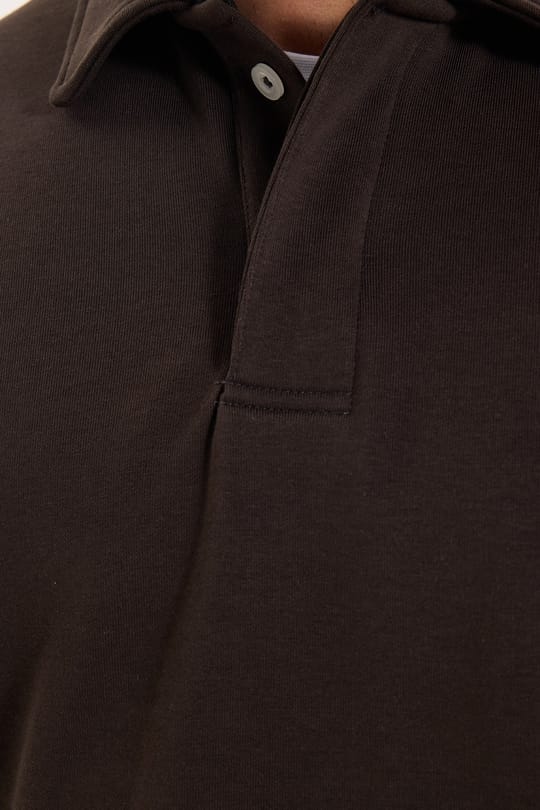Erkek Relax Fit Rahat Kesim Pamuklu Yumuşak Dokulu 3 İplik Kahverengi Polo Yaka Sweatshirt