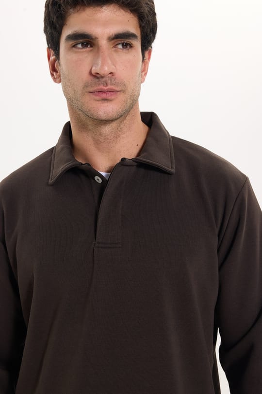 Erkek Relax Fit Rahat Kesim Pamuklu Yumuşak Dokulu 3 İplik Kahverengi Polo Yaka Sweatshirt