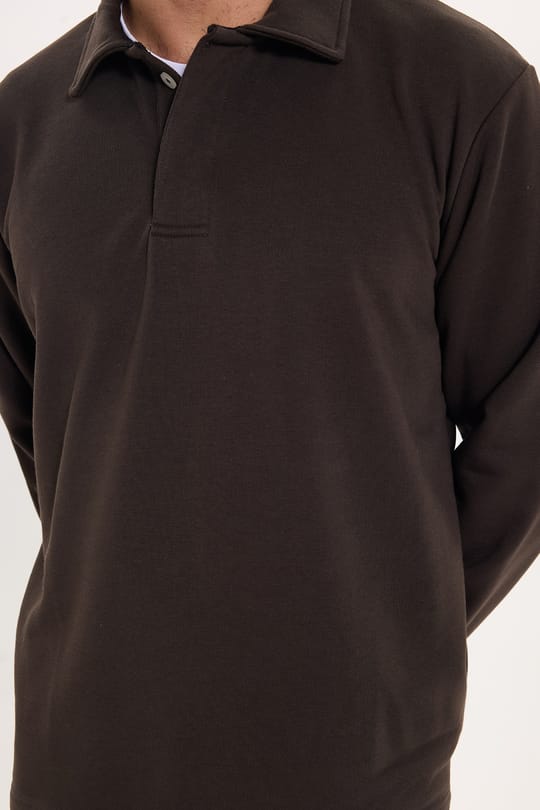 Erkek Relax Fit Rahat Kesim Pamuklu Yumuşak Dokulu 3 İplik Kahverengi Polo Yaka Sweatshirt