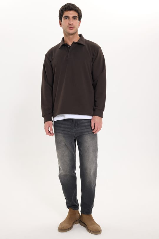 Erkek Relax Fit Rahat Kesim Pamuklu Yumuşak Dokulu 3 İplik Kahverengi Polo Yaka Sweatshirt
