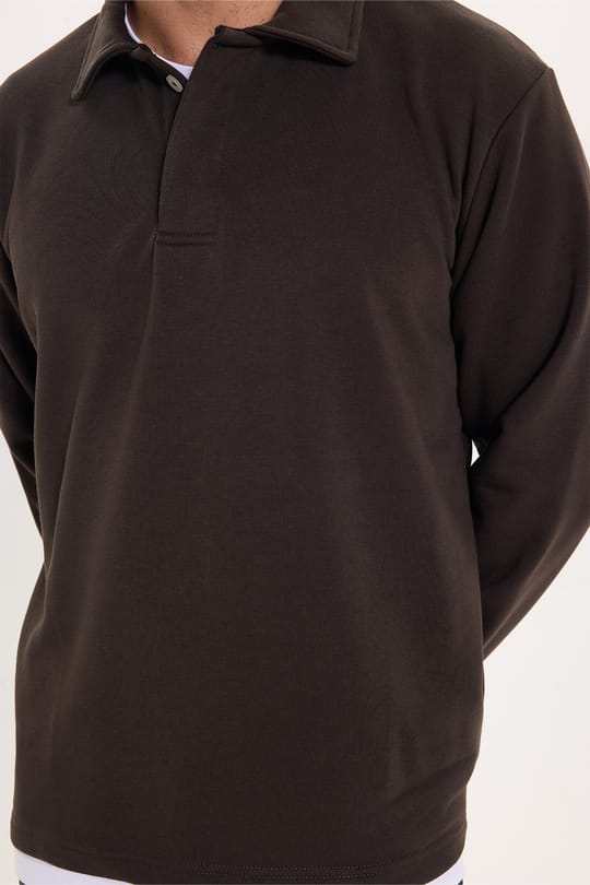 Erkek Relax Fit Rahat Kesim Pamuklu Yumuşak Dokulu 3 İplik Kahverengi Polo Yaka Sweatshirt
