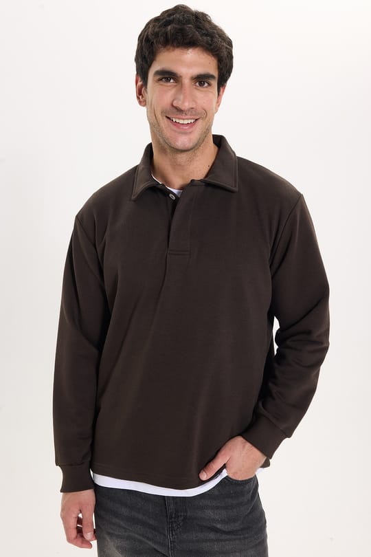 Erkek Relax Fit Rahat Kesim Pamuklu Yumuşak Dokulu 3 İplik Kahverengi Polo Yaka Sweatshirt