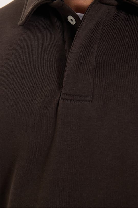 Erkek Relax Fit Rahat Kesim Pamuklu Yumuşak Dokulu 3 İplik Kahverengi Polo Yaka Sweatshirt