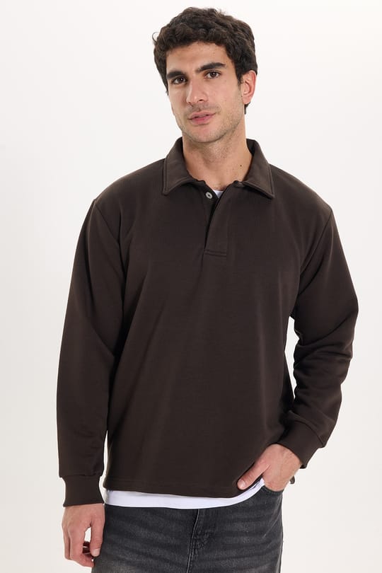 Erkek Relax Fit Rahat Kesim Pamuklu Yumuşak Dokulu 3 İplik Kahverengi Polo Yaka Sweatshirt