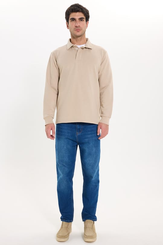 Erkek Relax Fit Rahat Kesim Pamuklu Yumuşak Dokulu 3 İplik Taş Polo Yaka Sweatshirt