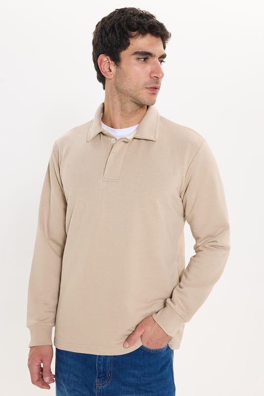 Erkek Relax Fit Rahat Kesim Pamuklu Yumuşak Dokulu 3 İplik Taş Polo Yaka Sweatshirt