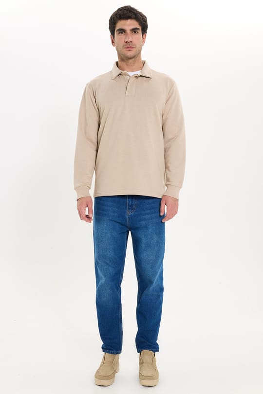 Erkek Relax Fit Rahat Kesim Pamuklu Yumuşak Dokulu 3 İplik Taş Polo Yaka Sweatshirt