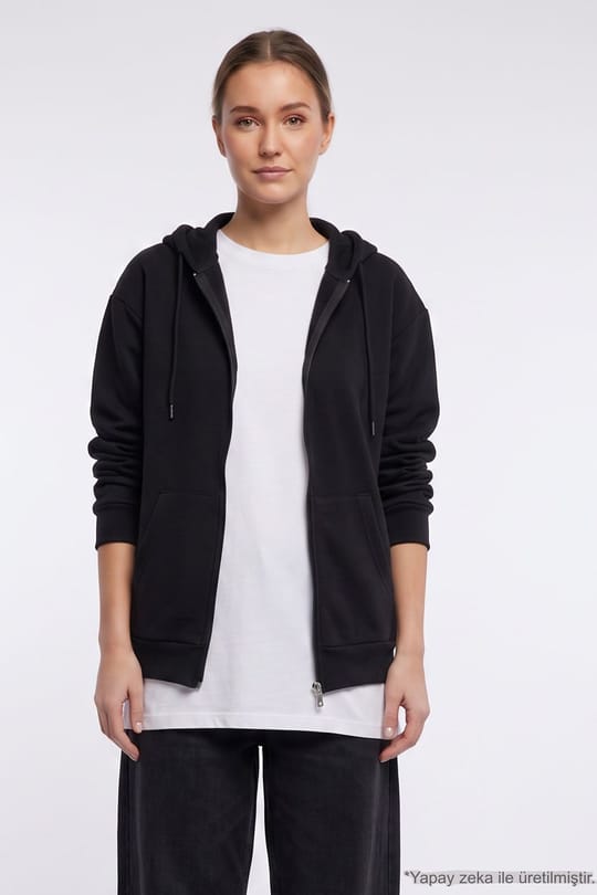 Kadın Oversize Geniş Kesim %100 Pamuk Kapüşonlu Fermuarlı Cepli Siyah Sweatshirt