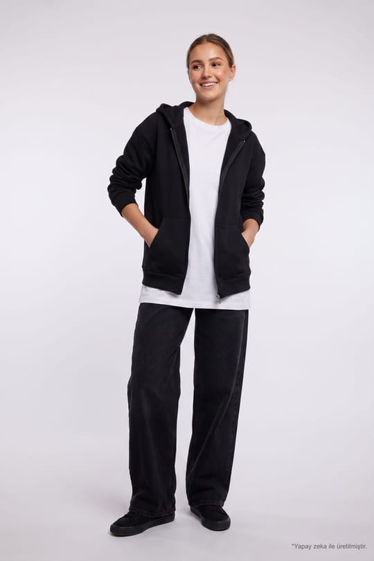 Kadın Oversize Geniş Kesim %100 Pamuk Kapüşonlu Fermuarlı Cepli Siyah Sweatshirt
