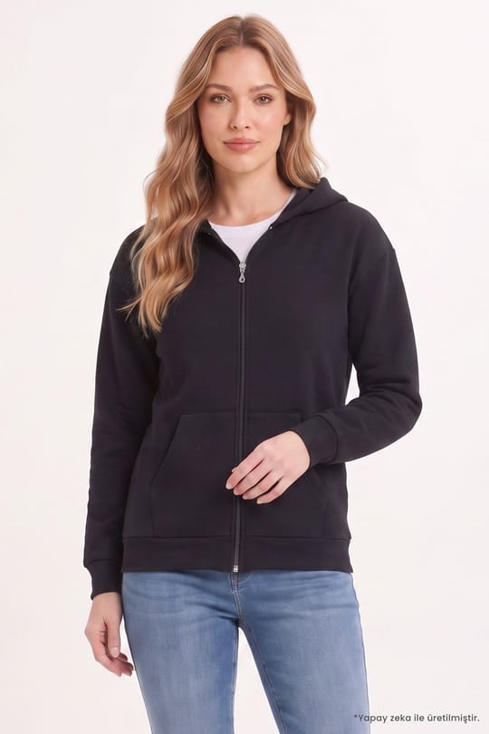 Kadın Oversize Geniş Kesim %100 Pamuk Kapüşonlu Fermuarlı Cepli Siyah Sweatshirt