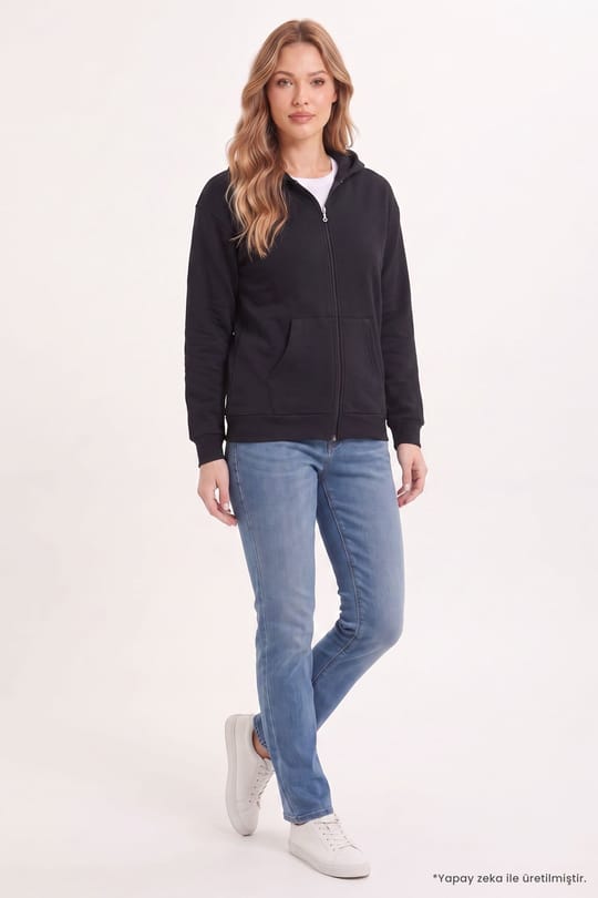 Kadın Oversize Geniş Kesim %100 Pamuk Kapüşonlu Fermuarlı Cepli Siyah Sweatshirt